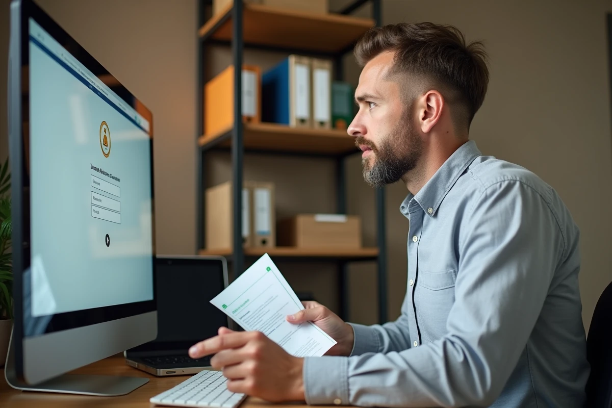 Employé consultant un guide pour se connecter à un logiciel de caisse enregistreuse sur ordinateur de bureau