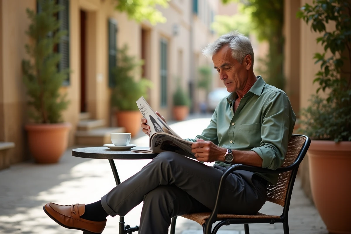 Homme élégant de 65 ans en chemise vert sauge consultant un magazine de mode en terrasse de café méditerranéen