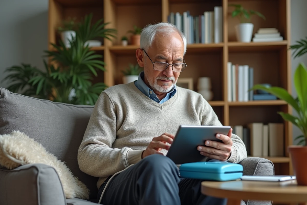 Homme âgé utilisant une tablette avec un kit médical à domicile