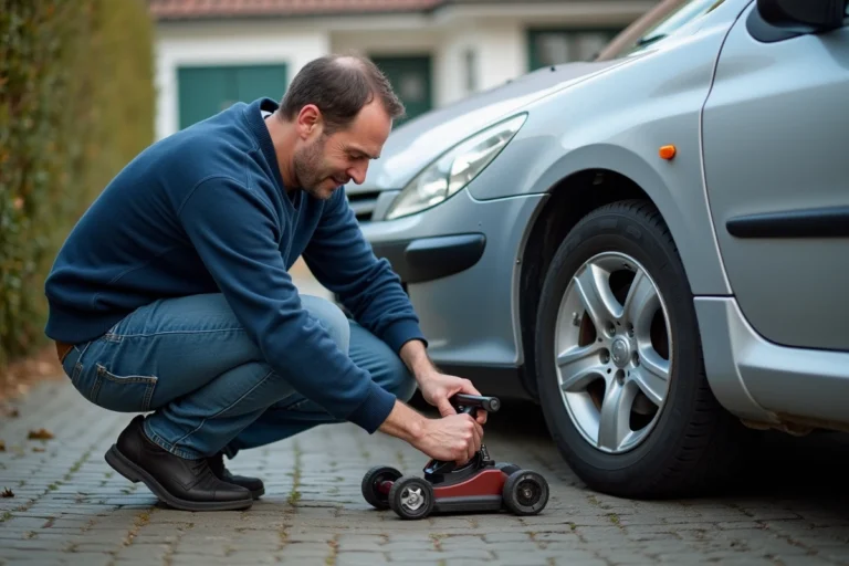 Homme en jeans et pull bleu montrant comment poser un cric sous la voiture