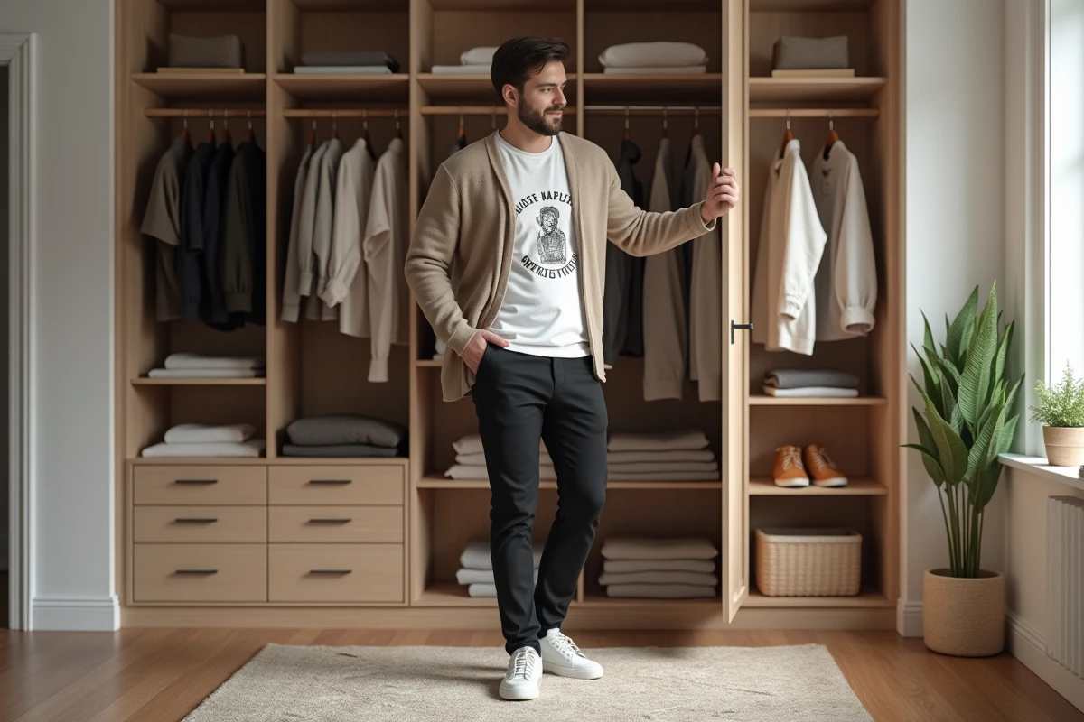 Homme en train de choisir une tenue dans une chambre moderne