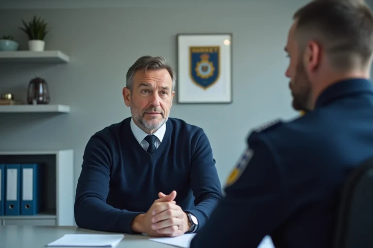 Homme d'âge moyen expliquant une situation à un officier en gendarmerie
