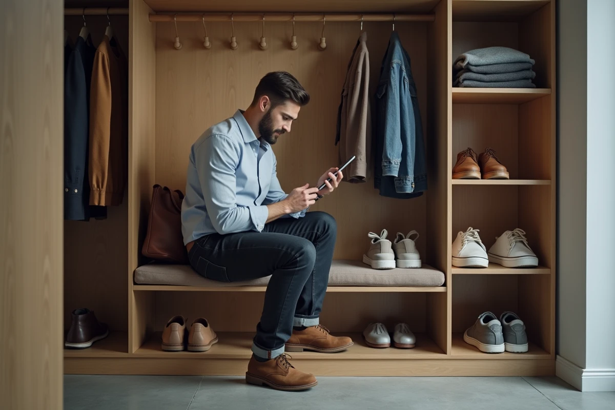 Homme arrangeant des chaussures dans un couloir stylé