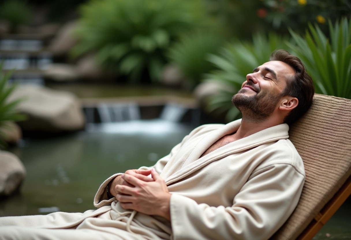 Homme en robe dans un jardin de bien-être