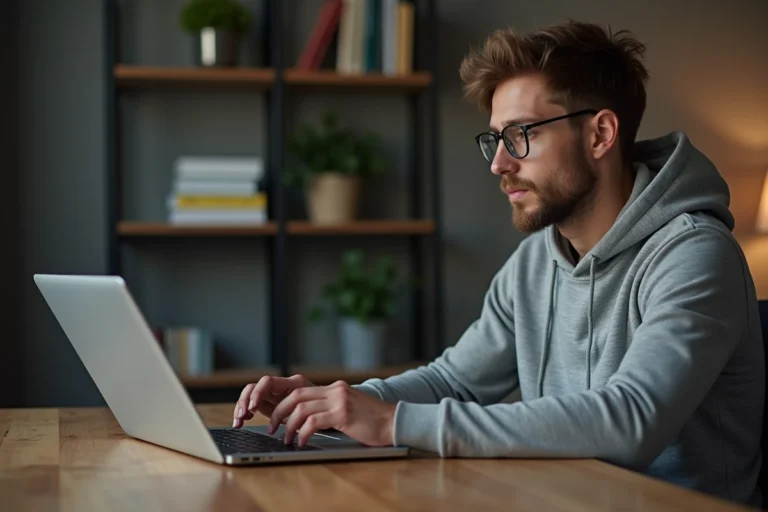 Homme utilisant un service proxy sur son ordinateur portable dans un bureau à domicile moderne