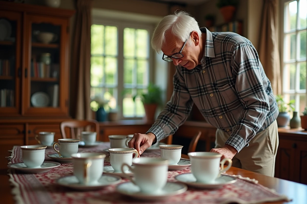 Homme âgé inspectant une tasse en porcelaine dans la salle à manger