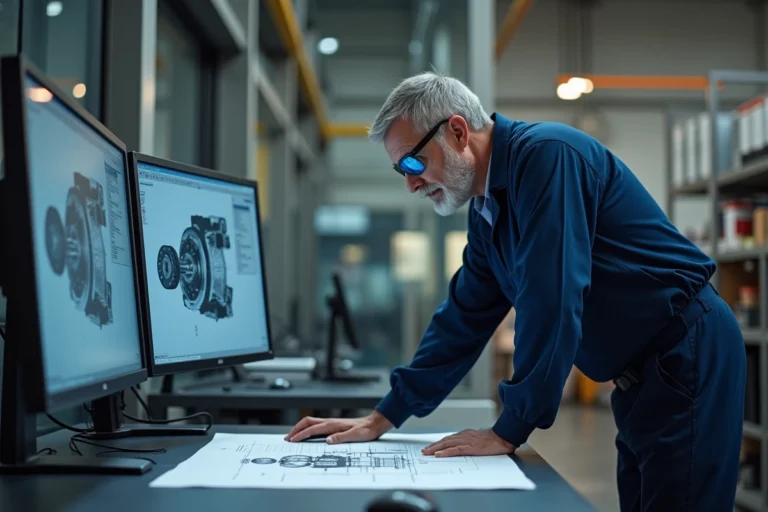 Ingénieur mécanique en uniforme de sécurité analysant des plans de conception de machines industrielles sur des écrans CAO dans un bureau d'ingénierie moderne