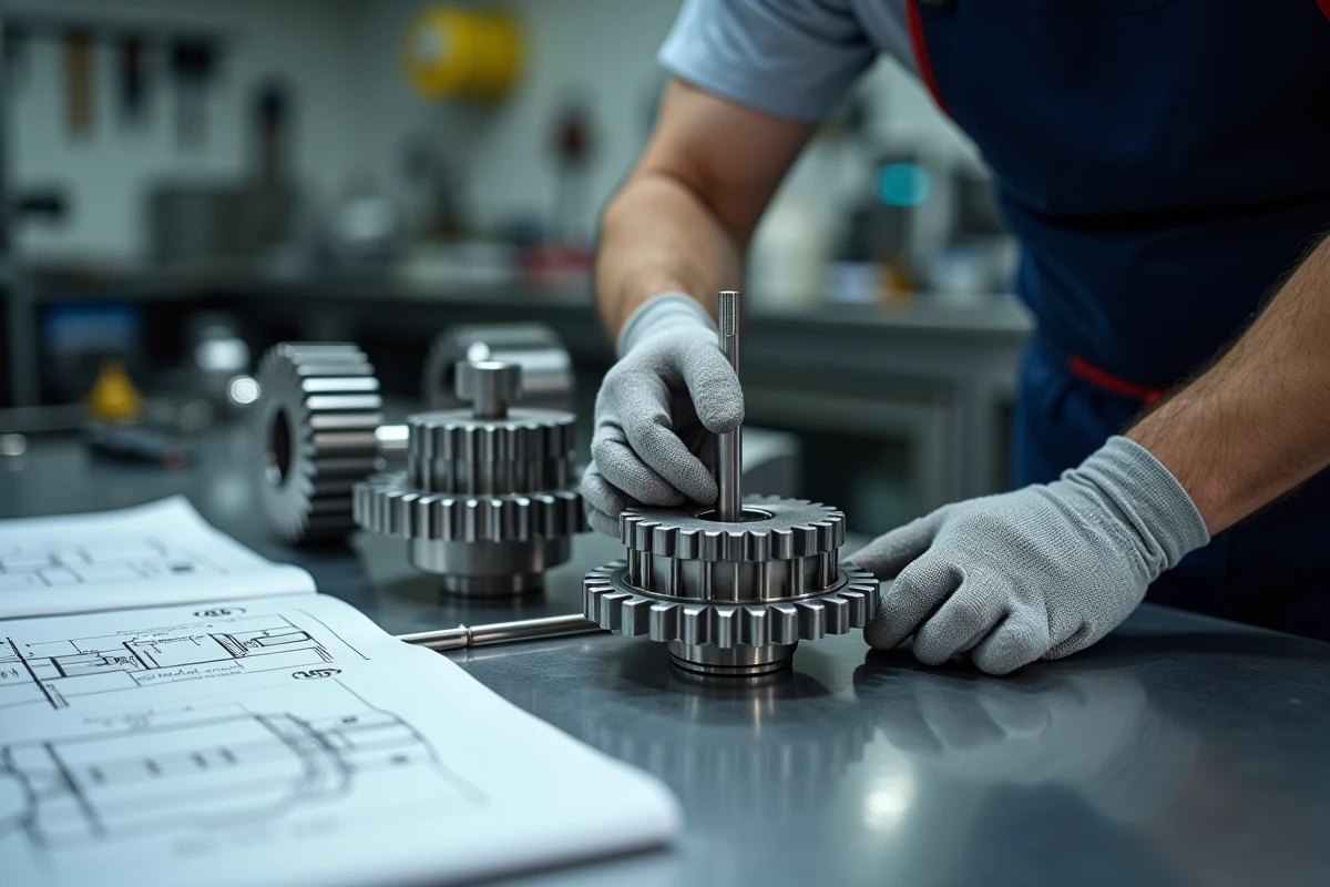 Gros plan sur des engrenages mécaniques industriels de précision inspectés avec un pied à coulisse par un ingénieur en atelier de fabrication