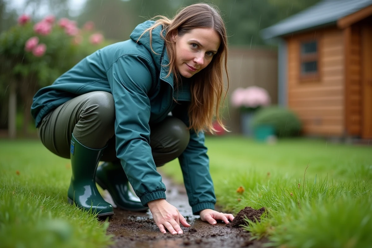 Femme inspectant une pelouse détrempée après la pluie avec sol mouillé et gouttes d'eau sur l'herbe