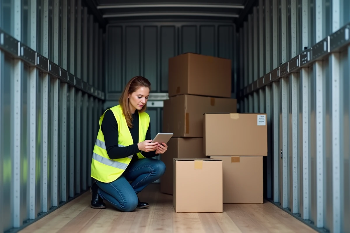 Intérieur d'un camion 20m3 avec dimensions visibles, boîtes de déménagement empilées et sangle d'arrimage