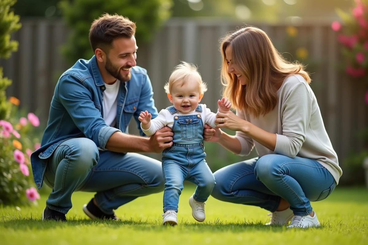 Jeune couple jouant avec leur enfant dans le jardin