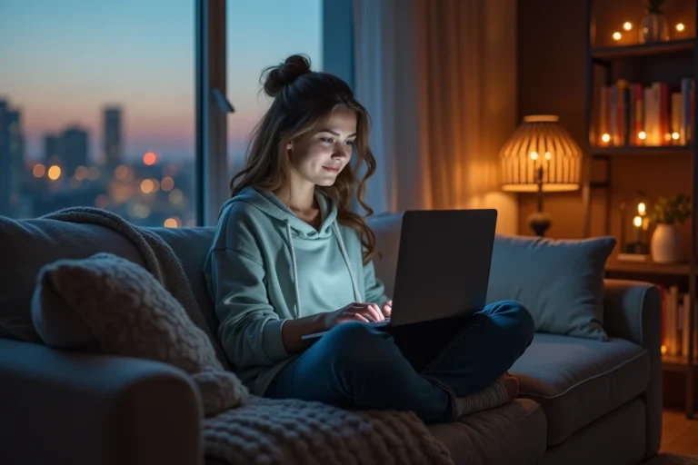 Jeune femme assise sur un canapé à la maison regardant un ordinateur