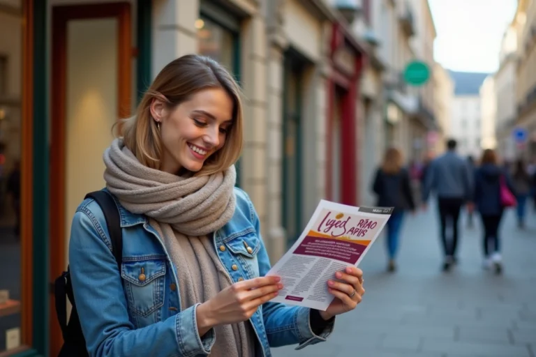 Jeune femme souriante lit une affiche à Rennes