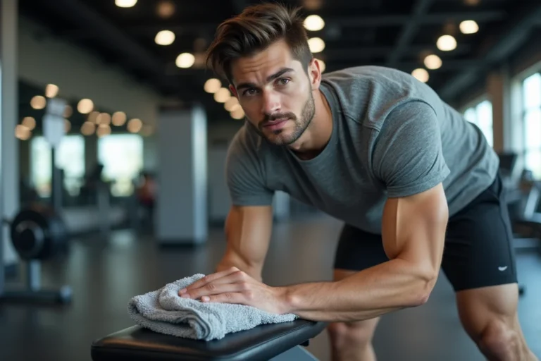 Jeune homme essuyant un banc de gym avec une serviette
