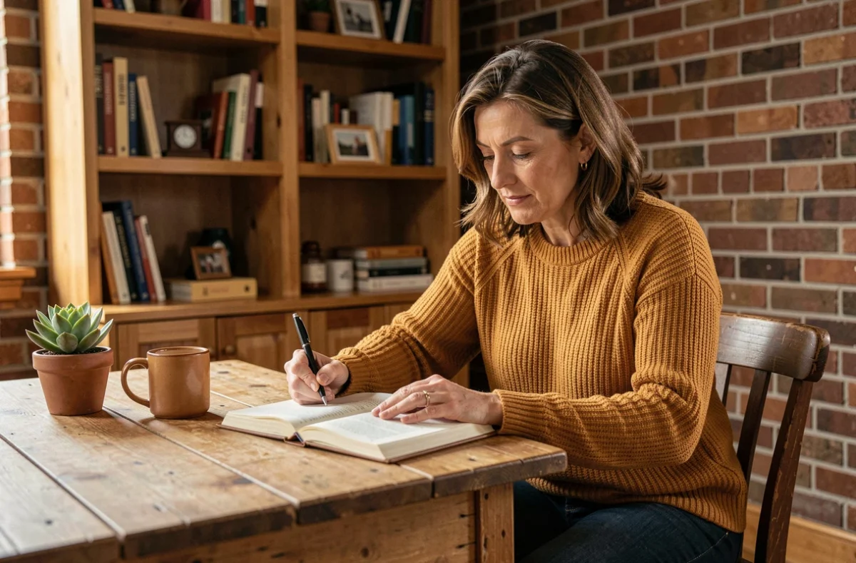 Femme écrivant dans un journal personnel dans un bureau à domicile chaleureux pour organiser et améliorer son quotidien