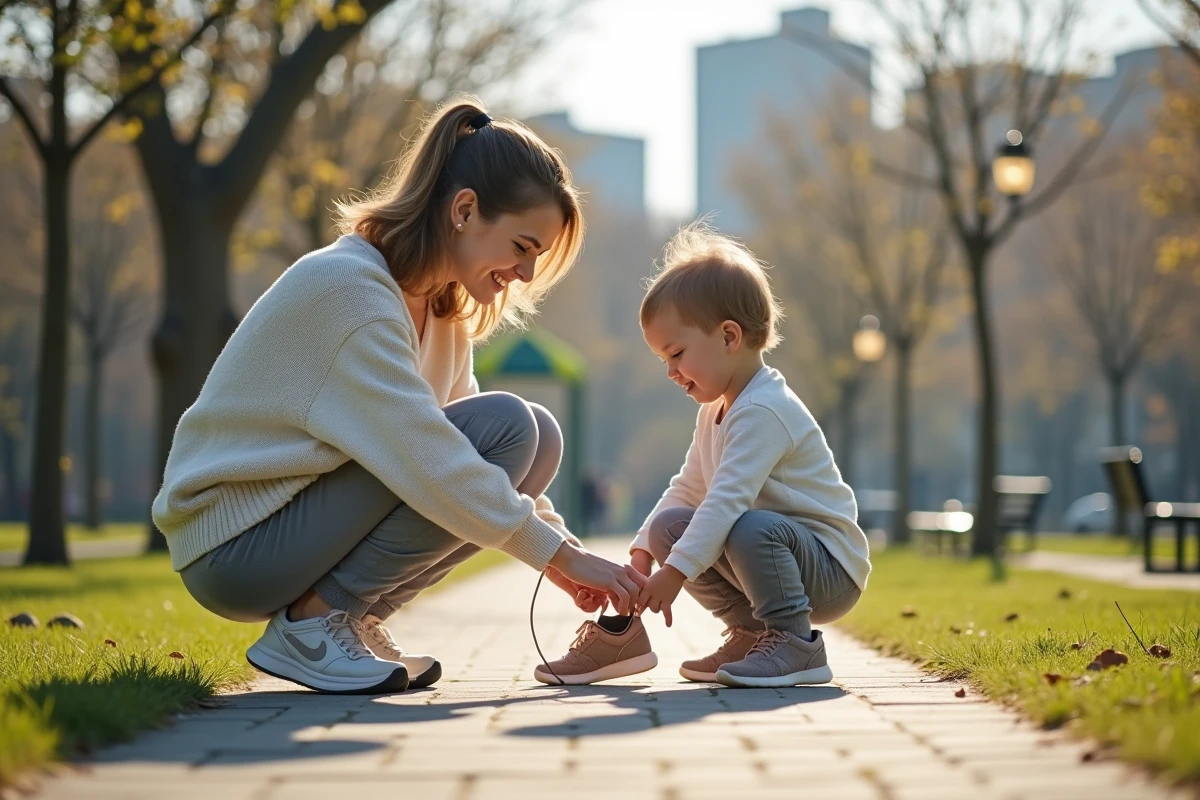 Maman et enfant dans un parc urbain ensoleille