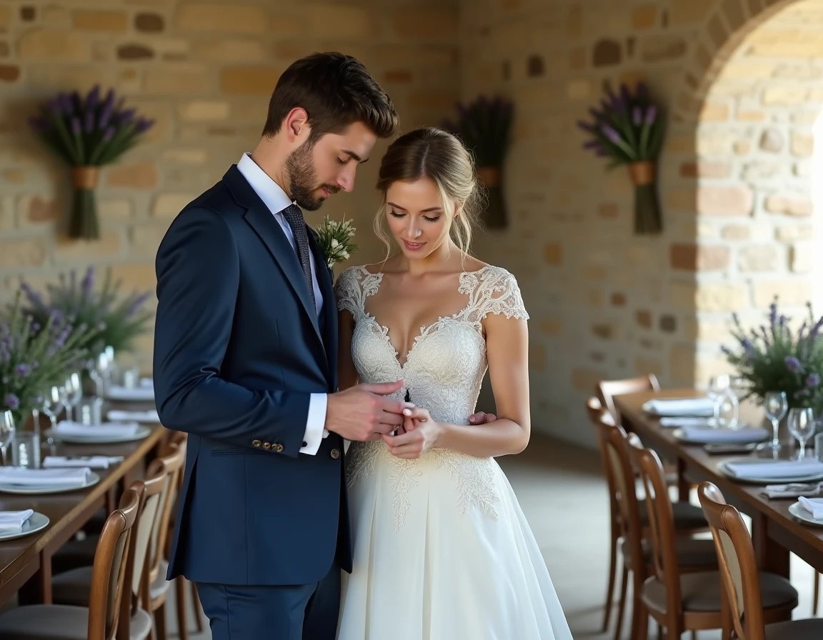 Mariés en tenue élégante dans une salle de mariage rustique en pierre avec décoration champêtre en lavande et fleurs sauvages