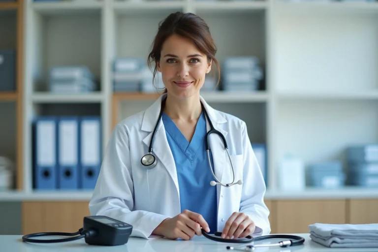 Médecin femme examinant un stéthoscope dans un cabinet moderne