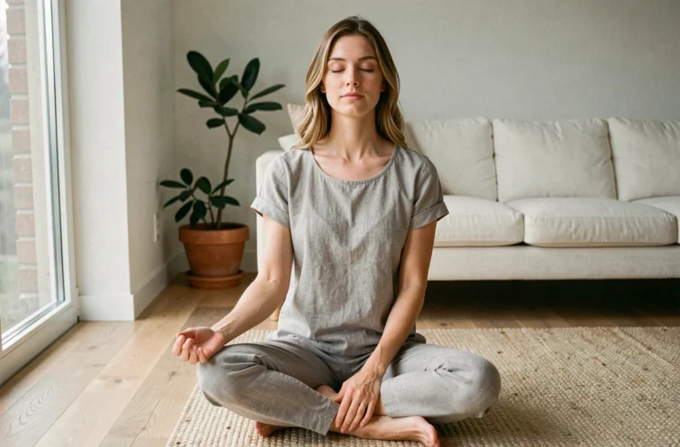 Femme pratiquant la méditation dans un salon minimaliste pour améliorer son bien-être au quotidien