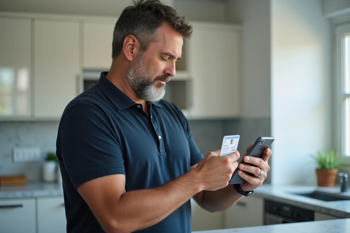 Homme prenant en photo sa carte d'identité avec un smartphone pour une vérification Mangopay