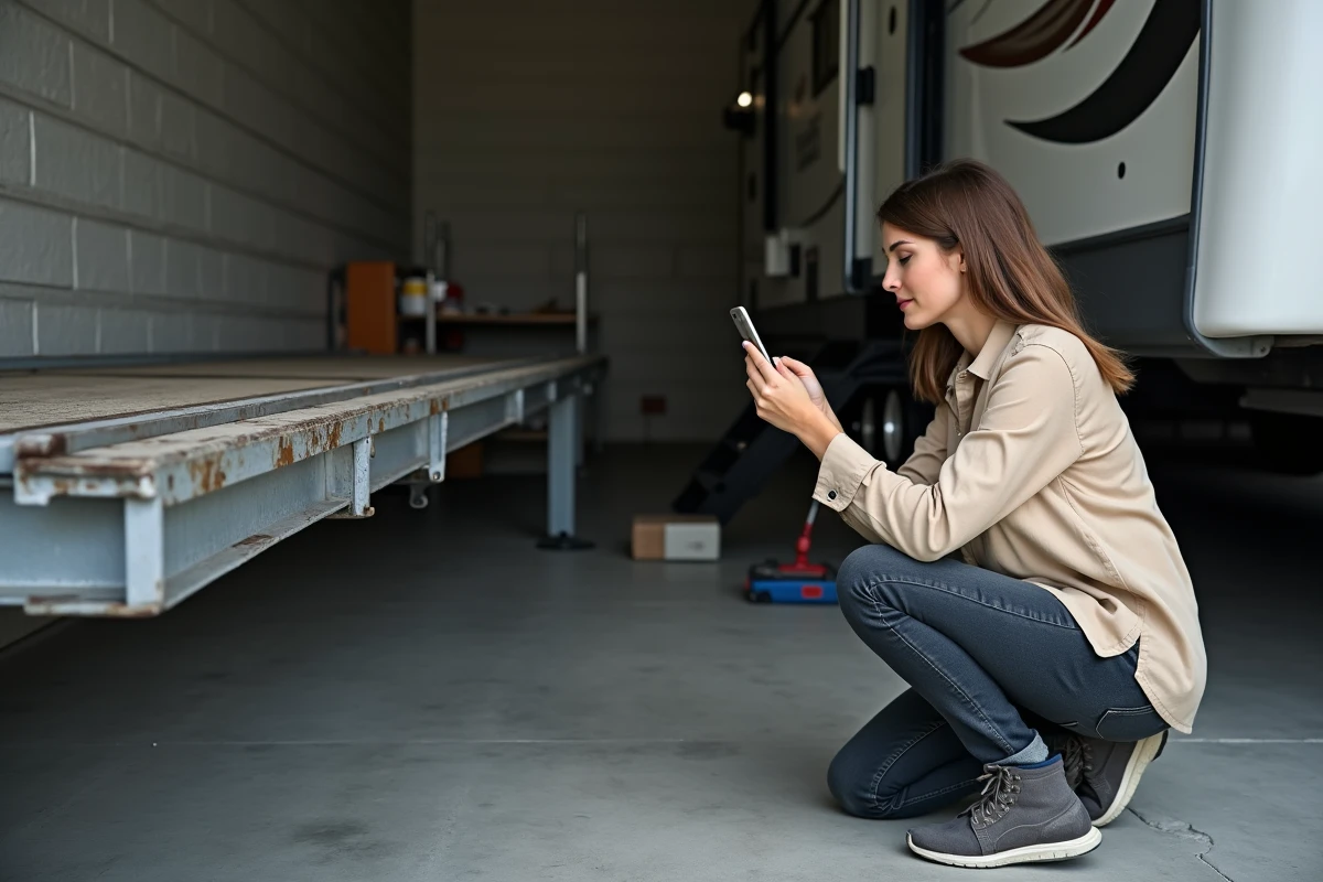 Femme photographiant la plaque d'identification du châssis d'un mobil-home avec son smartphone dans un garage