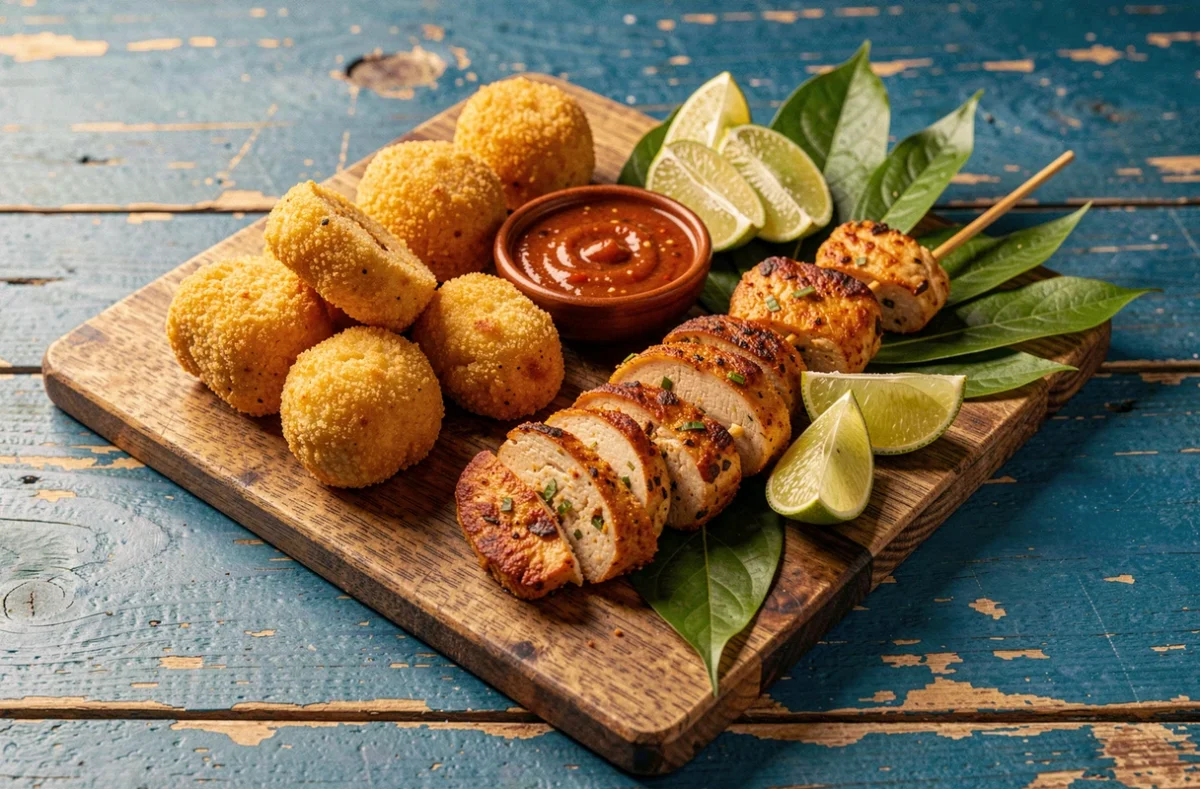 Planche apéritive créole en gros plan avec accras dorés, brochettes de poulet au colombo, sauce pimentée et citron vert sur une table en bois peint en bleu
