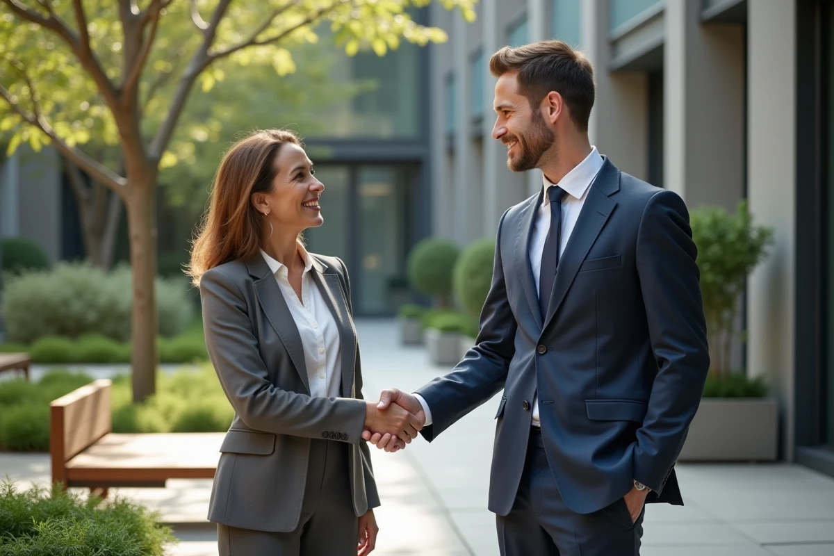 Manager et collègue se serrant la main dans la cour intérieure