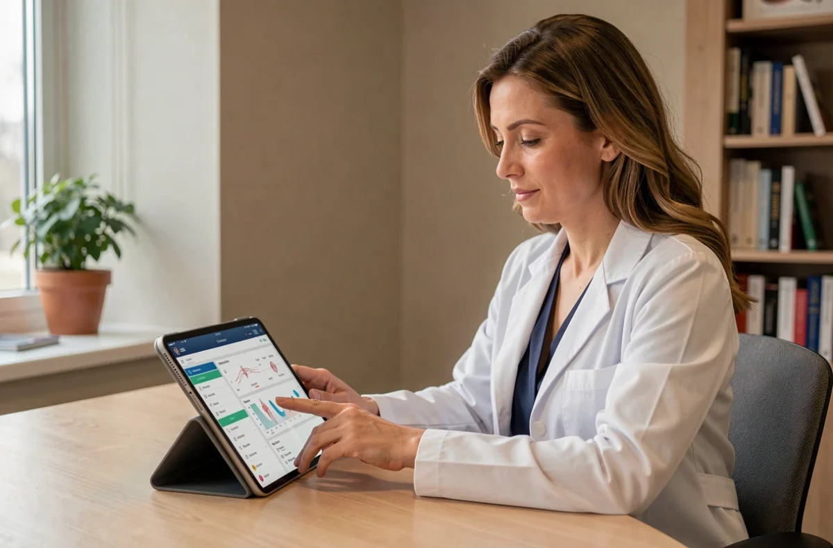 Professionnelle de santé consultant un tableau de bord de coaching douleur sur une tablette dans un cabinet médical moderne