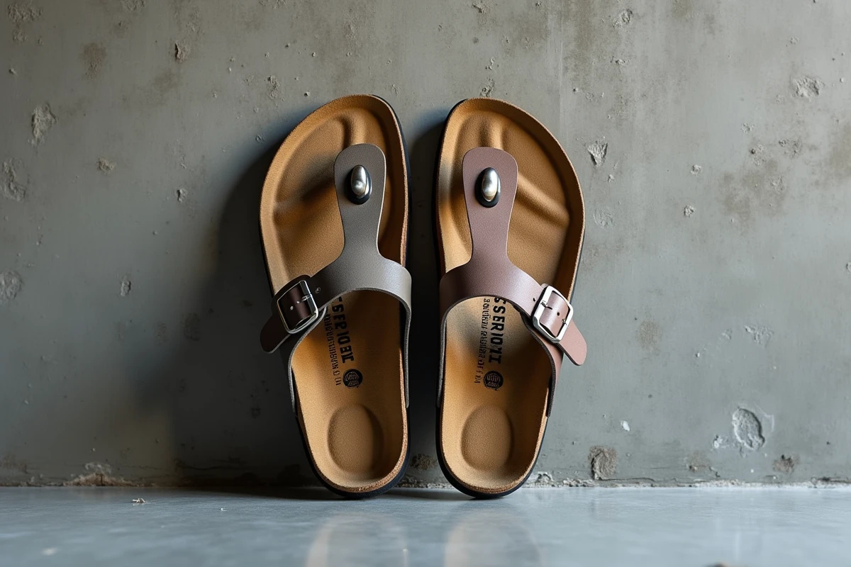 Gros plan comparatif des semelles anatomiques d'une sandale Birkenstock et d'une sandale Scholl