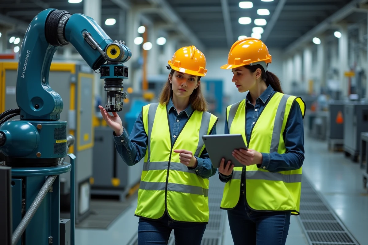 Deux techniciennes en automatisation inspectant un bras robotique industriel sur une chaîne de production automatisée avec tablette de programmation