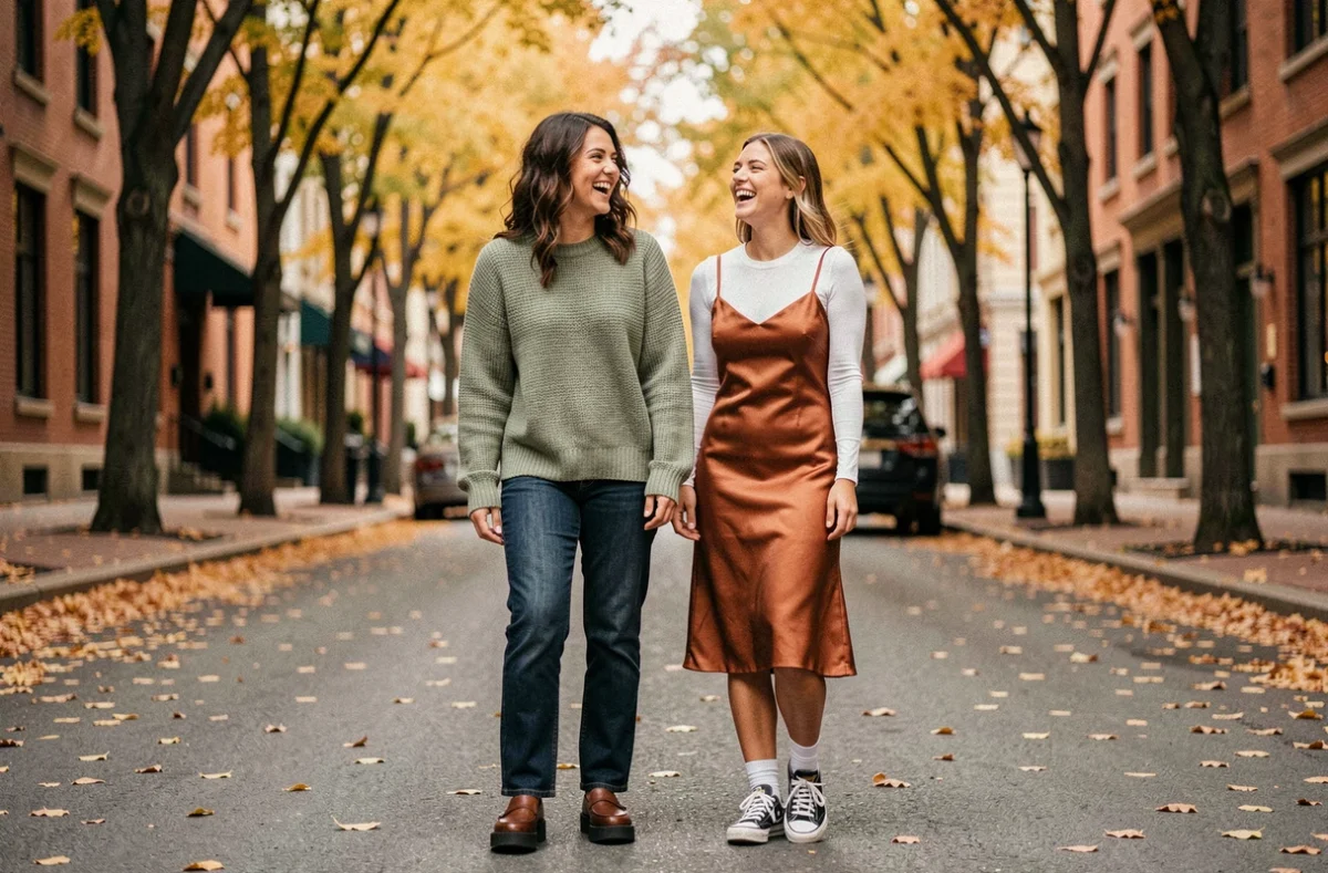 Deux femmes en tenues tendance automne coordonnées sur un boulevard parisien aux feuilles dorées