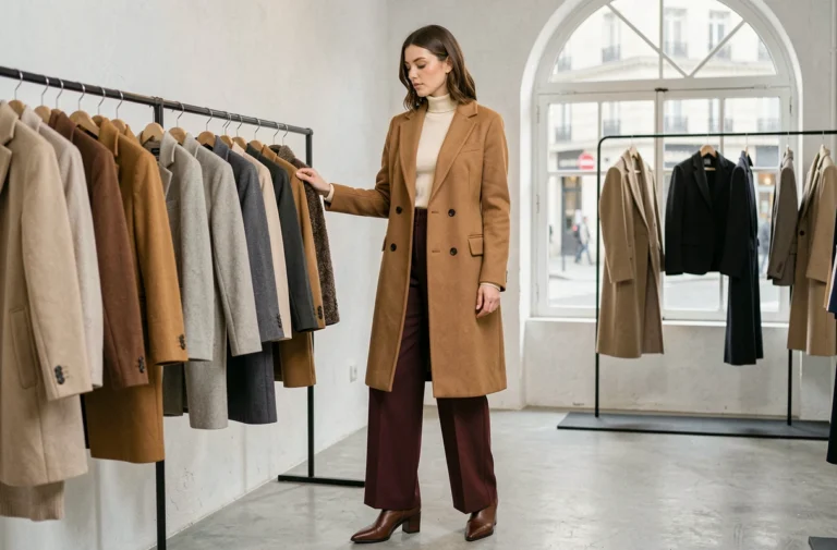 Femme élégante en manteau camel et pantalon bordeaux dans une boutique de mode minimaliste parisienne