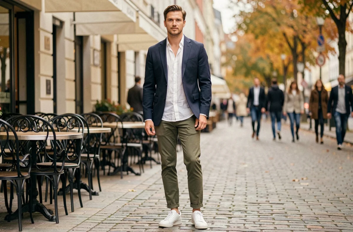 Homme stylé en blazer marine et chino olive assis à une terrasse de café européenne en automne