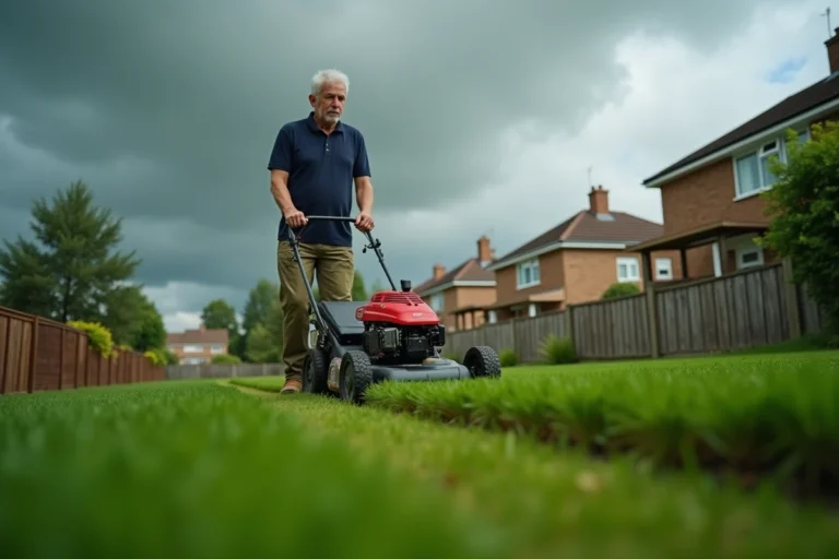 Homme tondeuse pelouse avant la pluie avec ciel nuageux et jardin résidentiel en arrière-plan