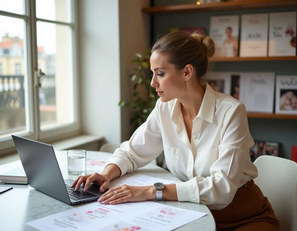 Wedding planner professionnelle travaillant sur des planches d'inspiration et des détails de mariage dans un atelier parisien élégant